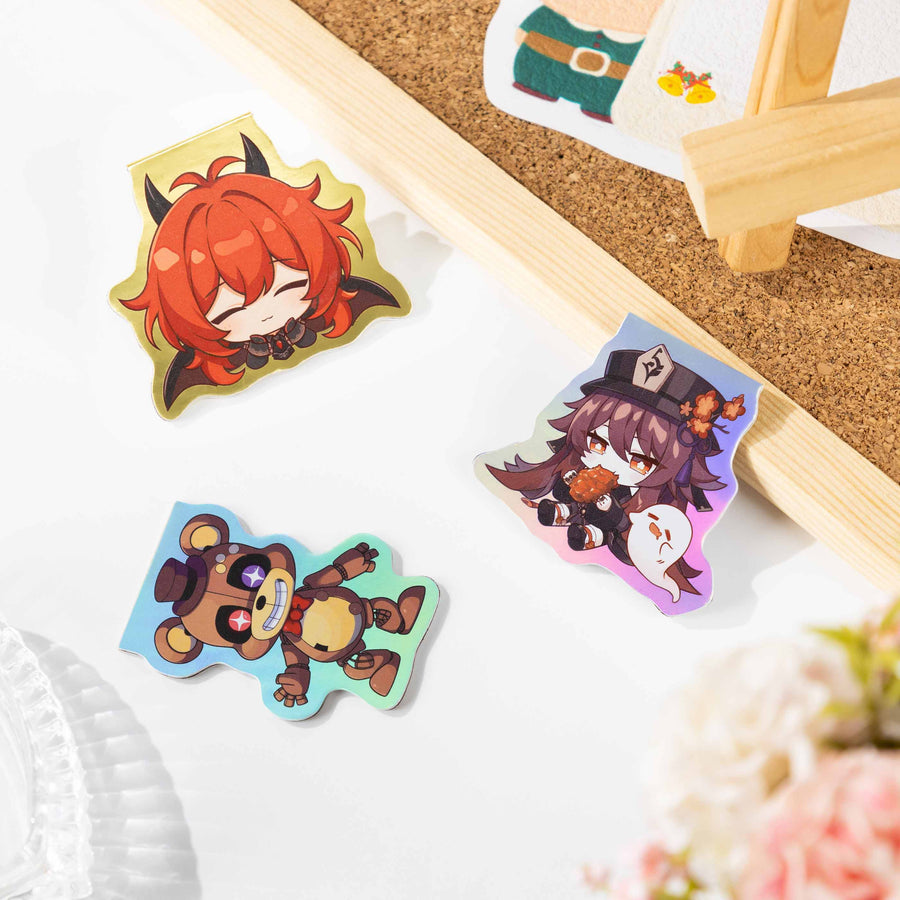 Assorted custom holographic gold foil magnetic bookmarks, cute chibi anime game character page markers, decorative cartoon book accessories