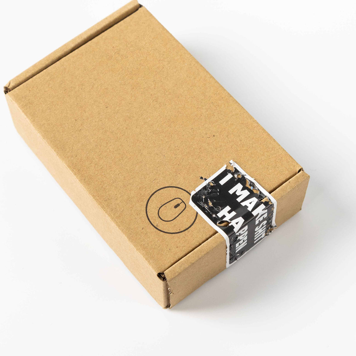 Brown kraft box with black fragile seal sticker, torn peeling texture, printed mouse line icon