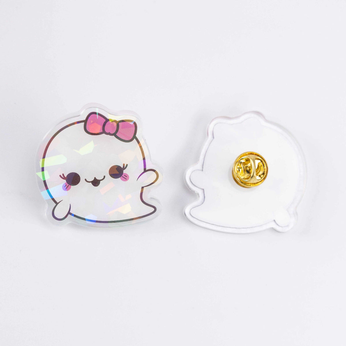 Holographic kawaii ghost acrylic pin, front‑back view, gold metal pin back custom brooch badge