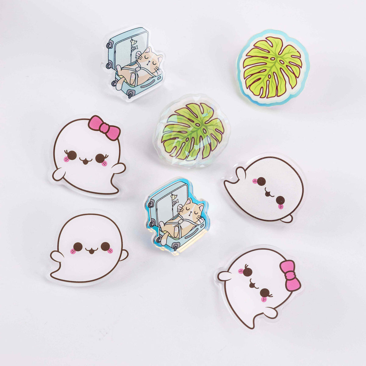 Custom cute transparent acrylic brooches, featuring adorable decorative badges such as ghost cats and bamboo leaves.