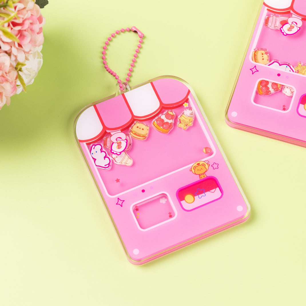 Custom shaker acrylic keychain with personalized artwork and clear layered construction