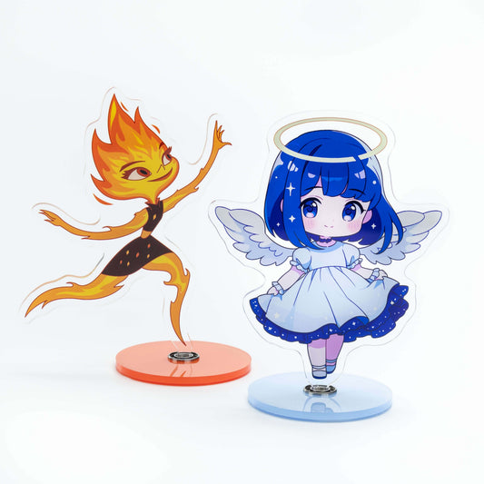 Cute Anime Acrylic Standee Set: Blue-Haired Angel Girl and Flame Character Acrylic Figures with Bases – Anime Desktop Decoration & Gift