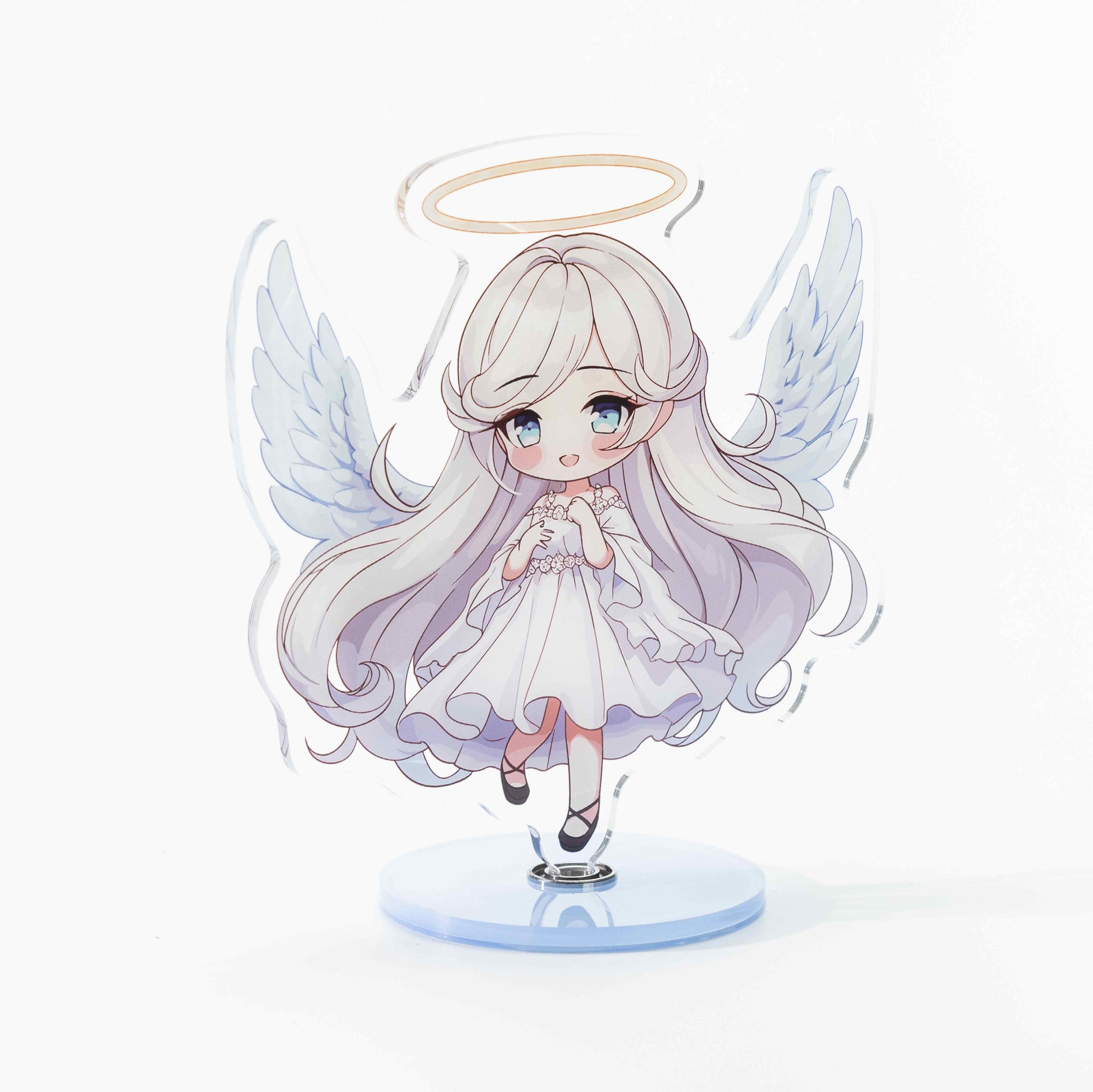 Customizable Rotating Acrylic Standee – Chibi White-Haired Angel Girl Anime Character Rotating Desktop Ornament