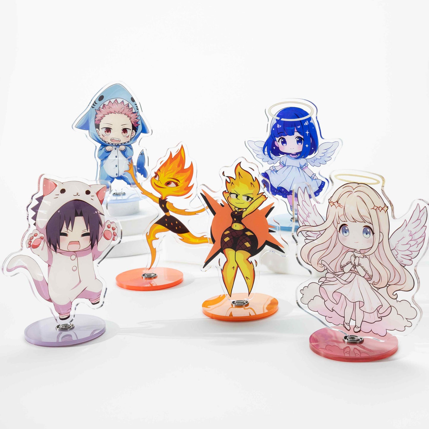 A range of rotating acrylic standee sets featuring various "chibi"-style anime characters; includes a rotating base—customizable anime desktop decor, collectibles, and gifts.