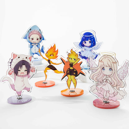 A range of rotating acrylic standee sets featuring various "chibi"-style anime characters; includes a rotating base—customizable anime desktop decor, collectibles, and gifts.