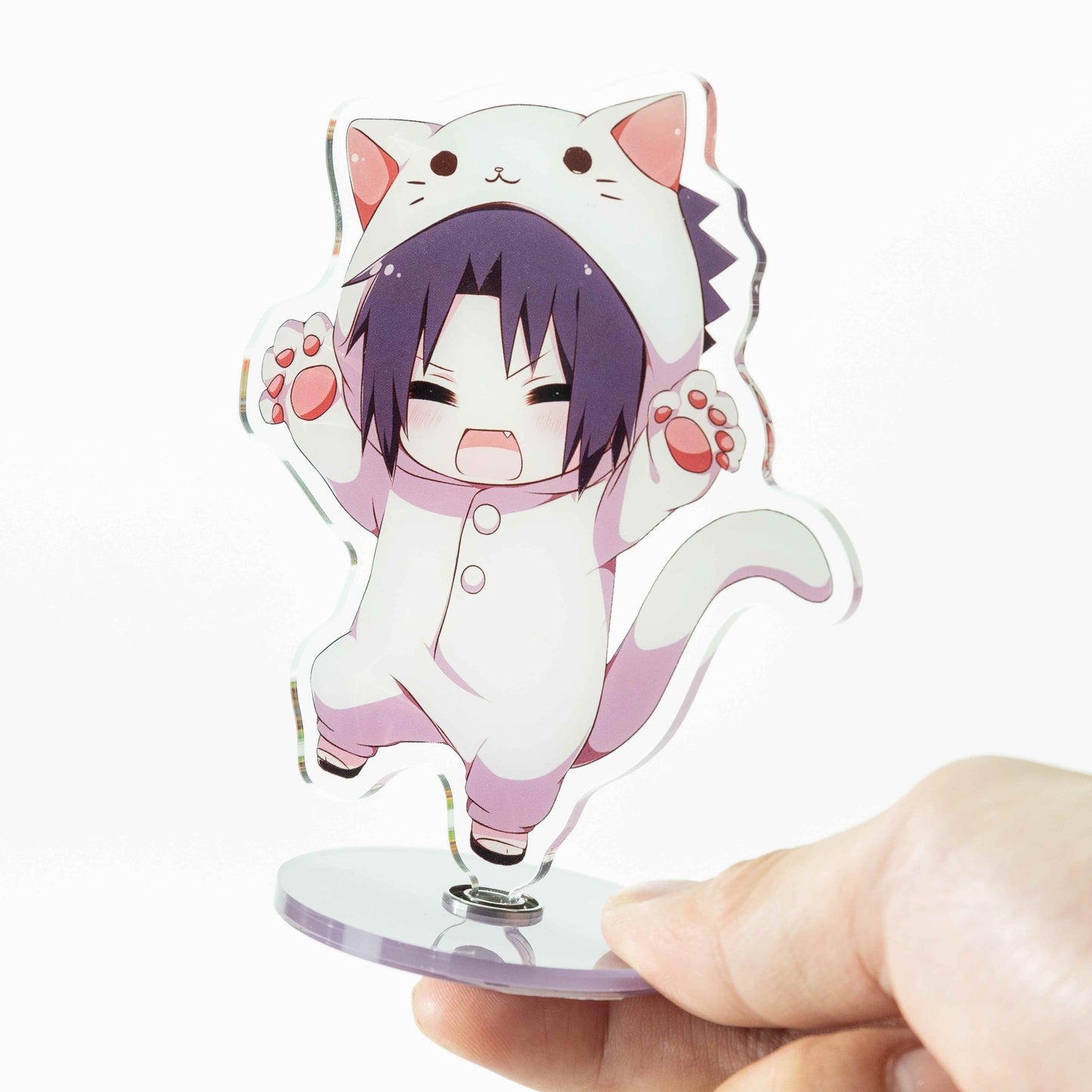 Cute chibi-style anime rotating acrylic standee featuring a purple-haired character in a cat onesie; includes a rotating base—customizable anime desktop decoration.