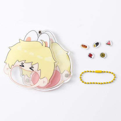 Unassembled parts of custom anime acrylic shaker keychain, shell, floating charms and bead chain