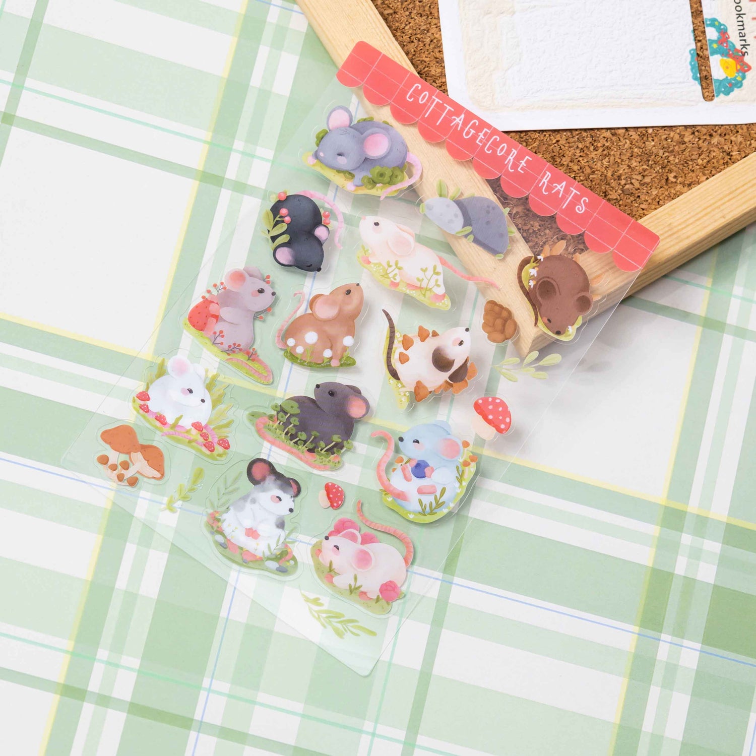 Custom double transparent PET sheet stickers, cottagecore cute mouse die‑cut stickers for journal.