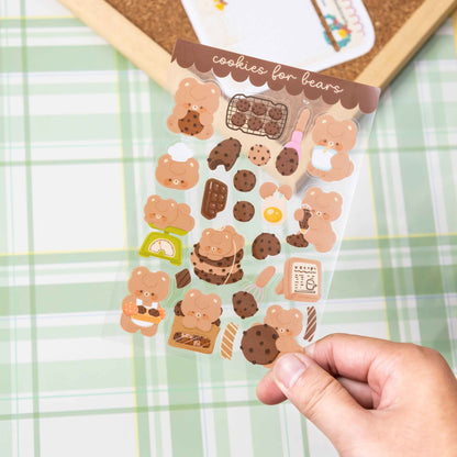 Custom double transparent PET sheet stickers, cute bear baking cookie die‑cut stickers for journal.