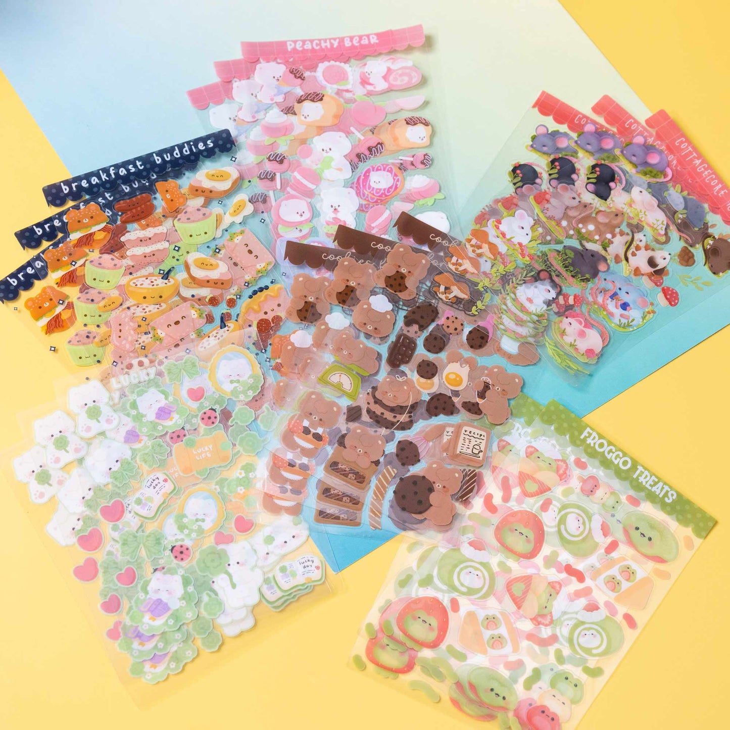 Custom double transparent PET sheet stickers collection, various cute cartoon designs for journal craft.