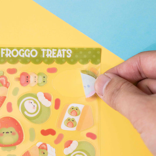 Custom double transparent PET sheet stickers, cute frog dessert die‑cut stickers for journal.