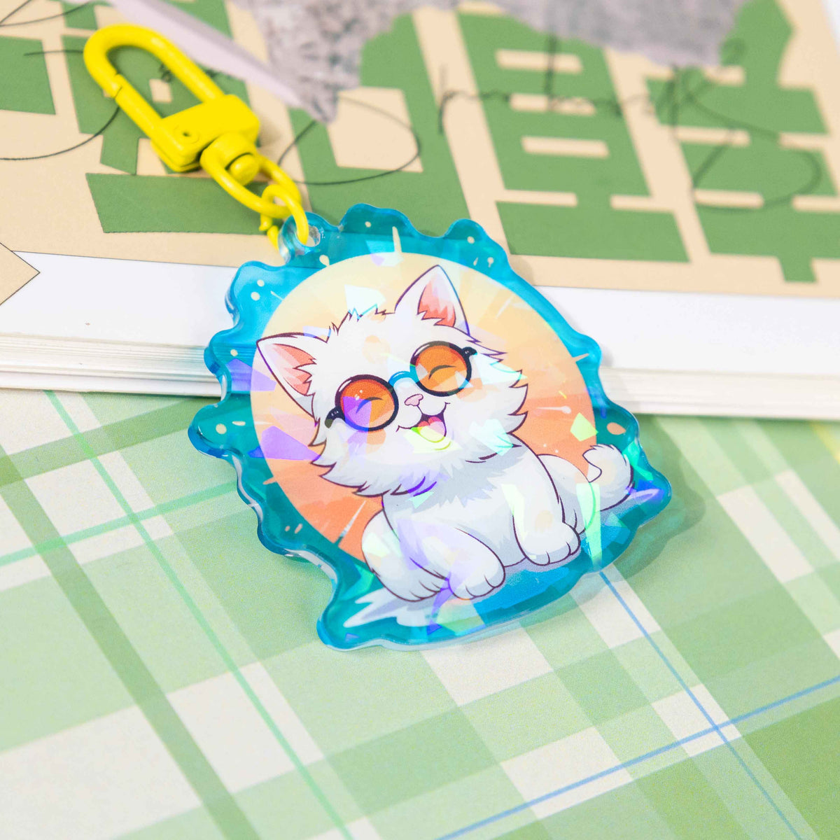 Anime furry white cat acrylic keychain, holographic cracked glass charm, custom bag pendant