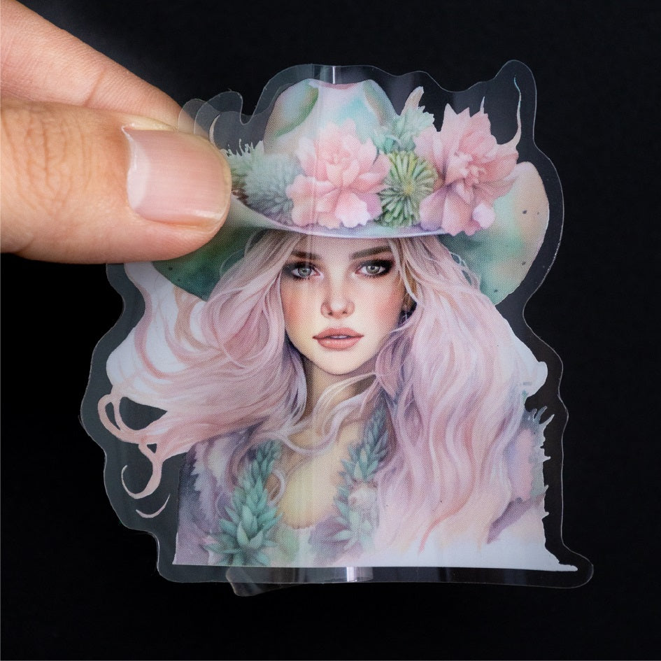 Double-sided transparent die-cut sticker, printed on the front, transparent on the back.