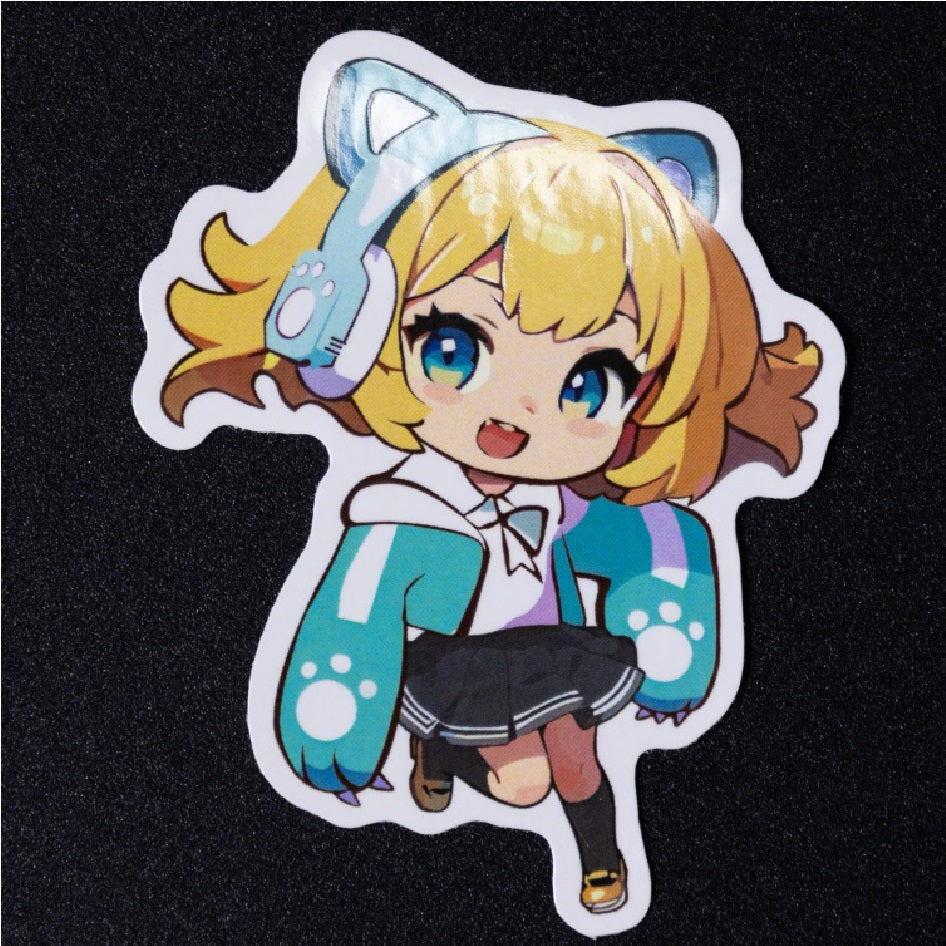 Gloss finish die‑cut vinyl sticker, cute Q‑version anime girl character.