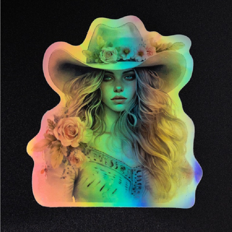 Holographic (Design Has Effect) Holographic rainbow effect die‑cut vinyl sticker, character artwork. 