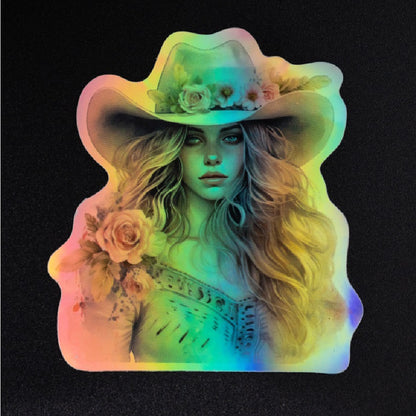 Holographic (Design Has Effect) Holographic rainbow effect die‑cut vinyl sticker, character artwork. 