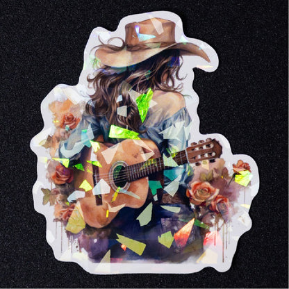 Holographic diamond shattered‑glass effect die‑cut vinyl sticker.
