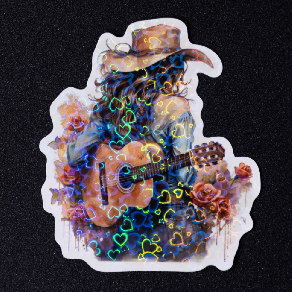 Die‑cut vinyl sticker with holographic heart love pattern overlay.