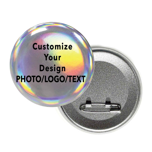 Holographic badge front and back views, with security pin, supports customized photos and logos LXacrylic 