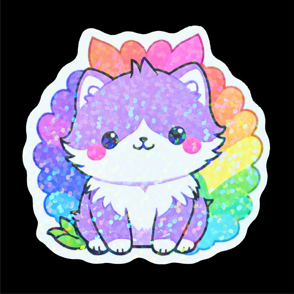 Cute cat holographic flash sticker, die‑cut custom vinyl sticker.
