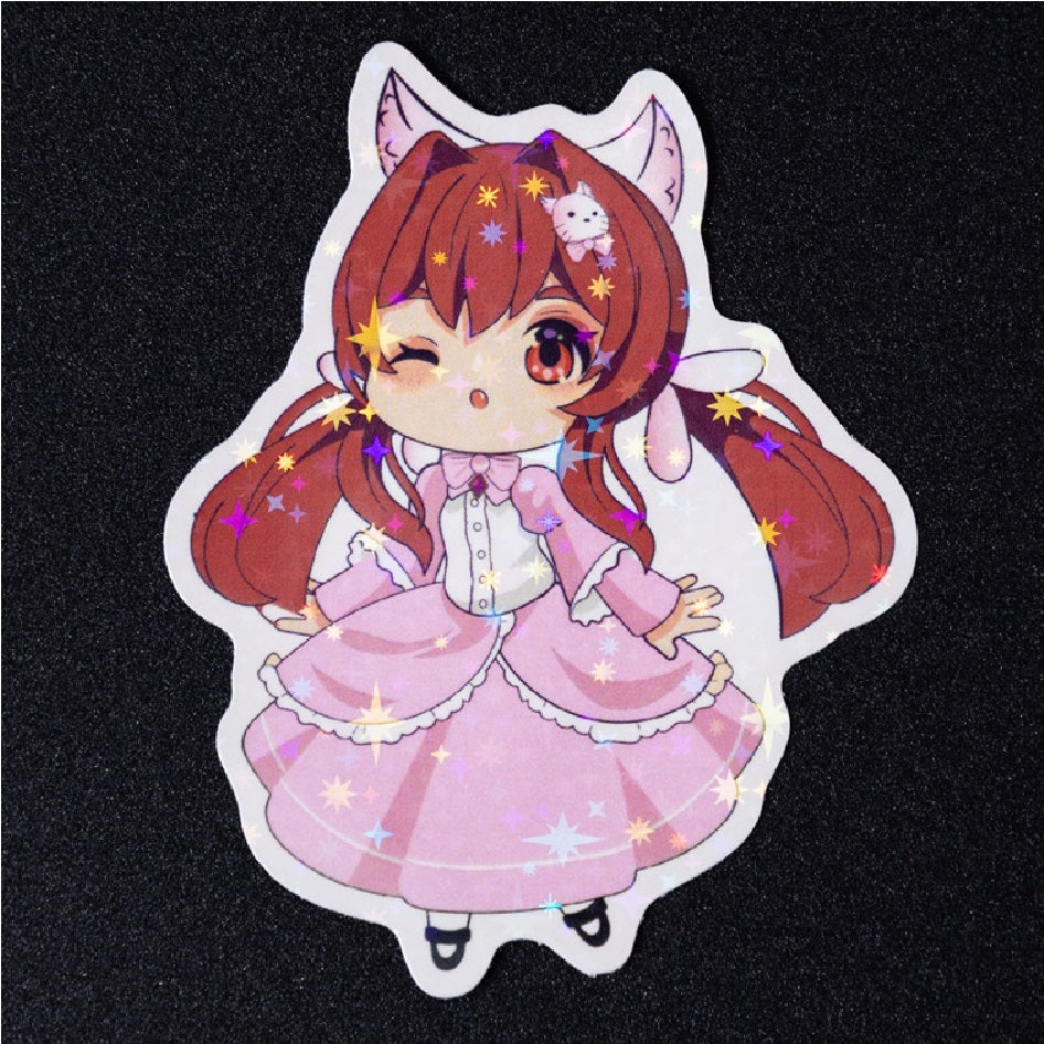 Die‑cut vinyl sticker with holographic star glitter overlay, cute anime girl.