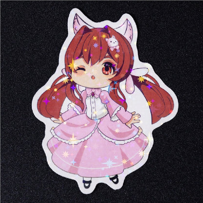 Die‑cut vinyl sticker with holographic star glitter overlay, cute anime girl.