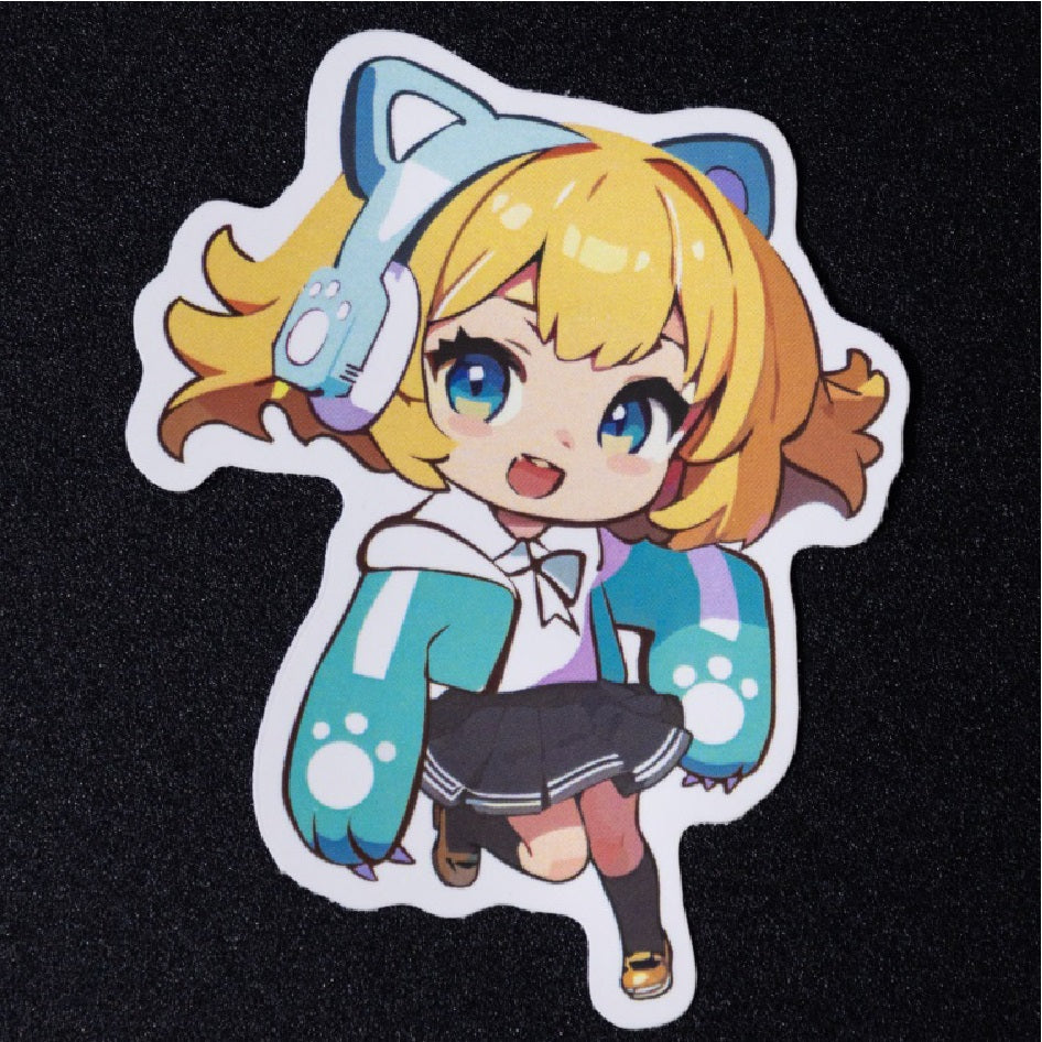 Matte finish die‑cut vinyl sticker, cute Q‑version anime girl character.