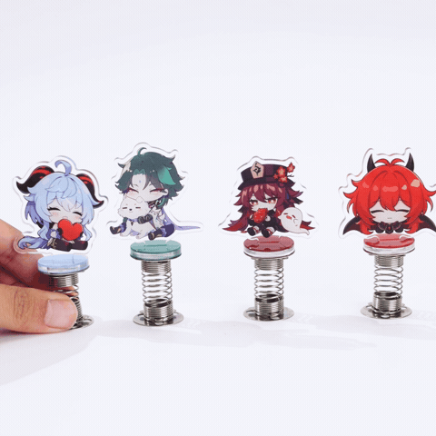 Multiple Custom Anime Spring Shake Acrylic Standees, bouncing swing acrylic figure set demo, custom printed desk car decorative ornaments