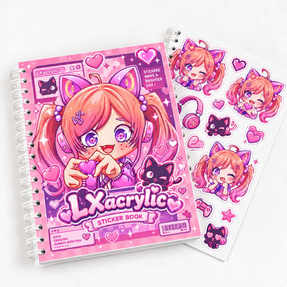 Customizable cute pink anime cat girl sticker book, spiral notebook, reusable inner pages storage booklet.