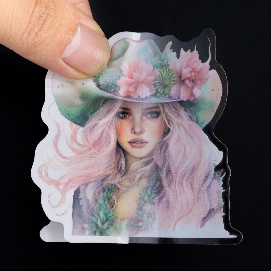 Transparent die‑cut vinyl sticker, watercolor character art, transparent vs white base compare.