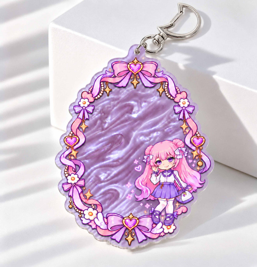 Custom mica sheet acrylic keychain, purple pearlescent background bow lace chibi girl charm