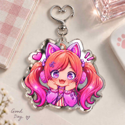 Custom mirrored acrylic keychains; real-life photos of a desktop setup in macaron tones.