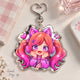Custom mirrored acrylic keychains; real-life photos of a desktop setup in macaron tones.