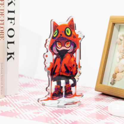 Cute cat hoodie character mirror acrylic standee, kawaii anime desk display decor on pink‑white table