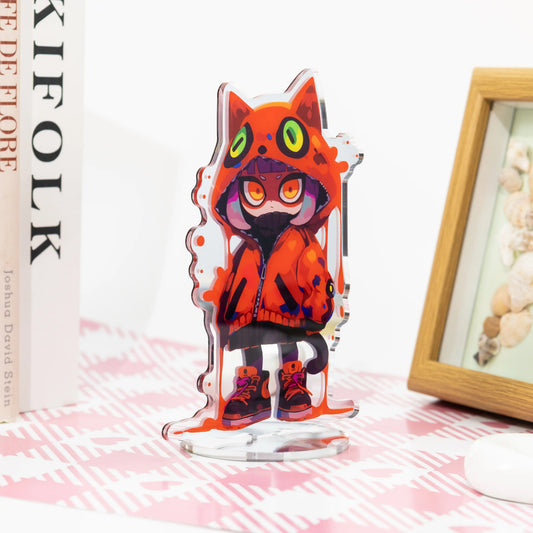 Cute cat hoodie character mirror acrylic standee, kawaii anime desk display decor on pink‑white table