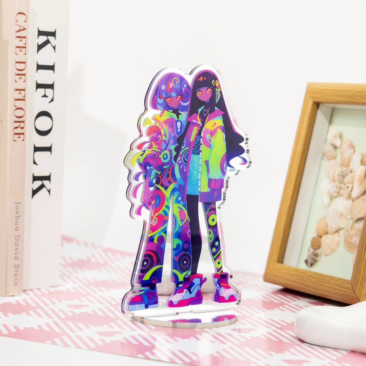 Colorful neon street style girls mirror acrylic standee, kawaii anime character desk display decor