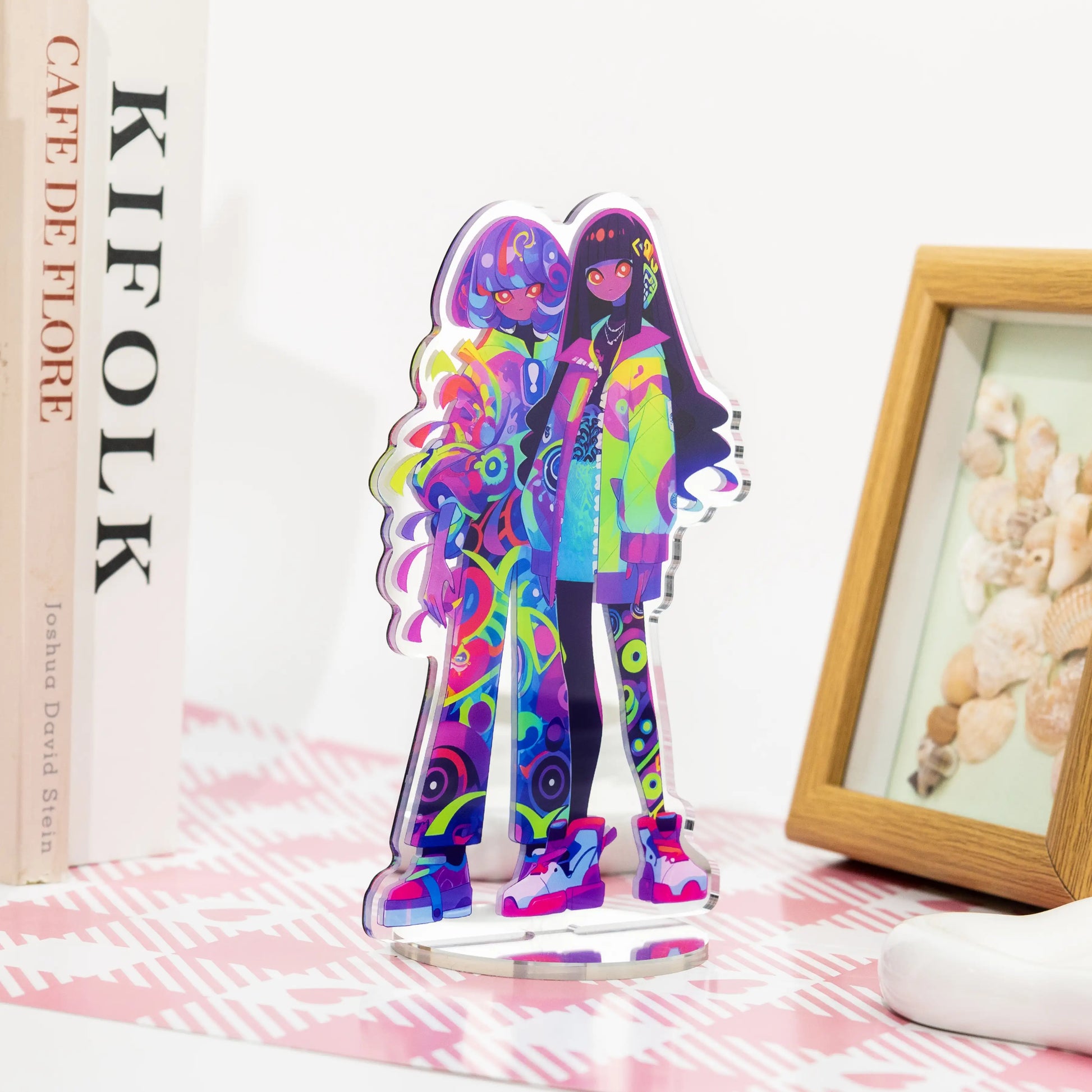 Colorful neon street style girls mirror acrylic standee, kawaii anime character desk display decor