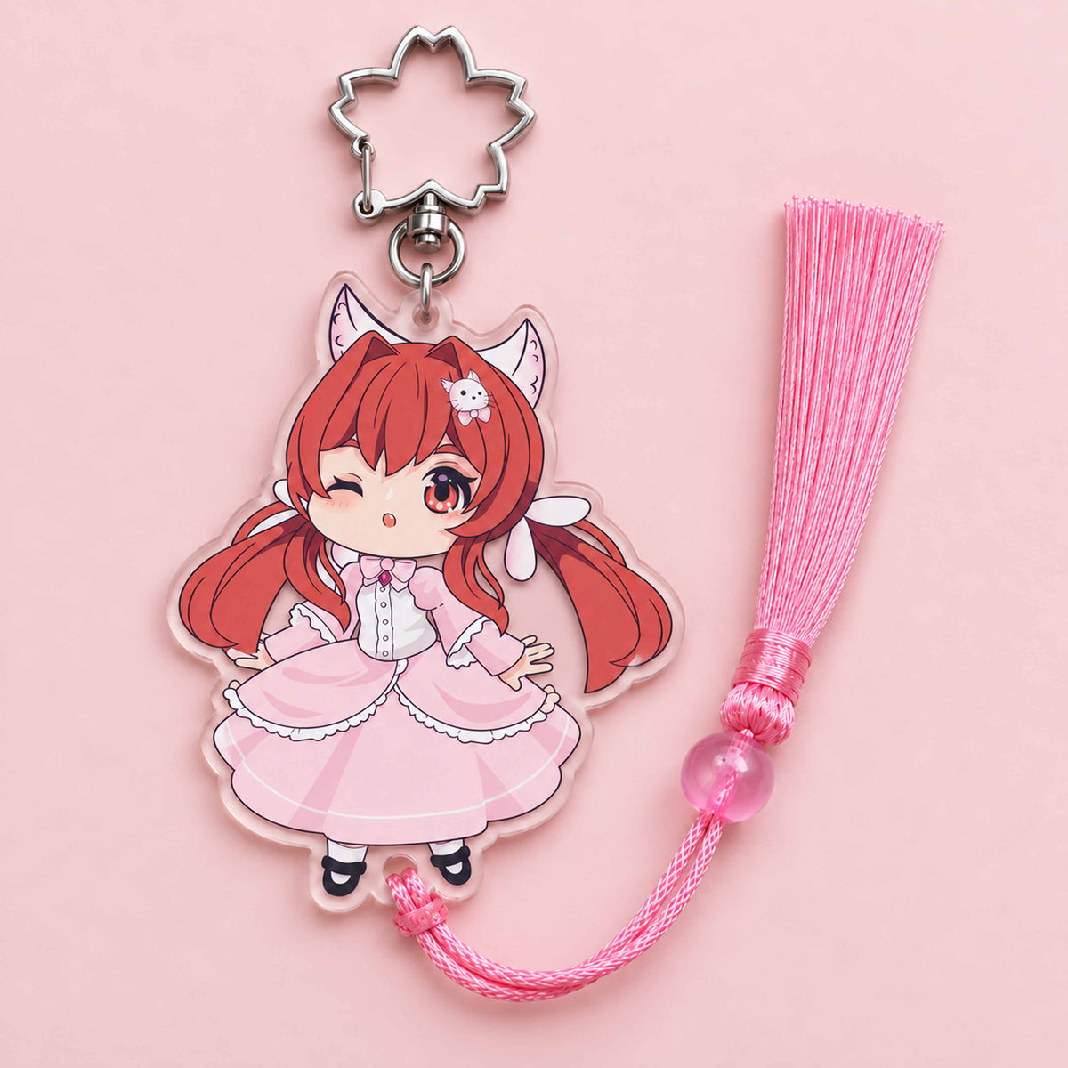 Custom cat ear anime acrylic keychain with pink tassel, gift idea