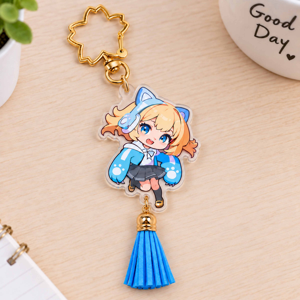Anime chibi girl acrylic key charm with blue tassel and gold star keychain