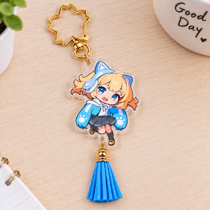Anime chibi girl acrylic key charm with blue tassel and gold star keychain