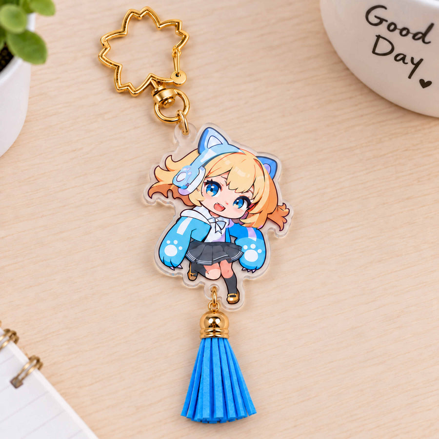 Anime chibi girl acrylic key charm with blue tassel and gold star keychain