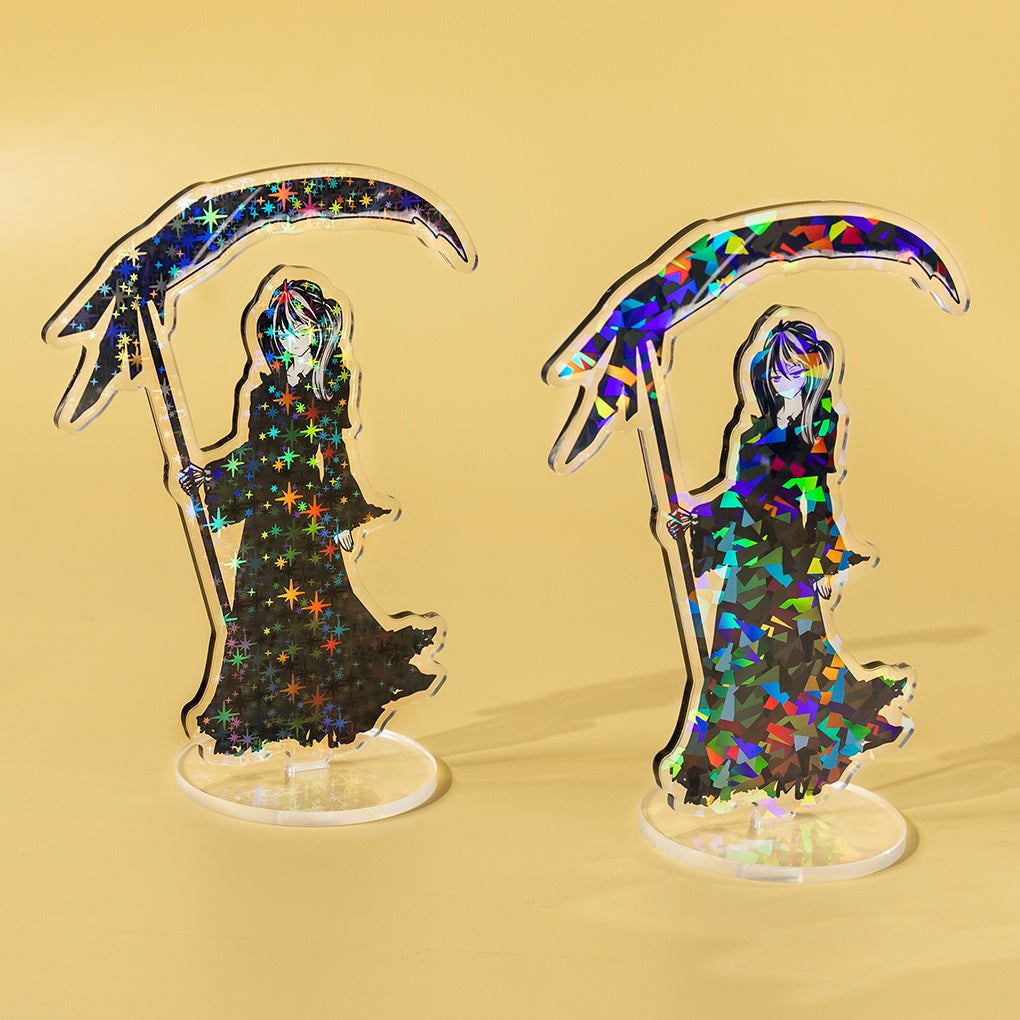 Holographic acrylic standee samples, star hologram and broken glass hologram effect, anime character acrylic stand.