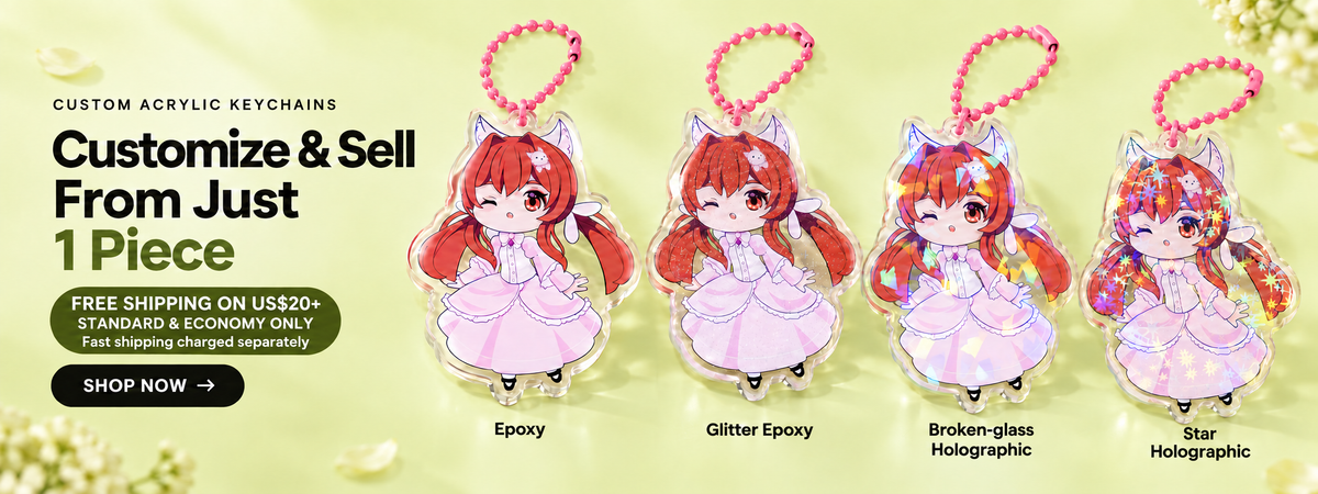 Custom acrylic keychains in epoxy, glitter epoxy, broken-glass holographic and star holographic finishes. Free Standard and Economy shipping on eligible US$20+ orders; Fast shipping charged separately.