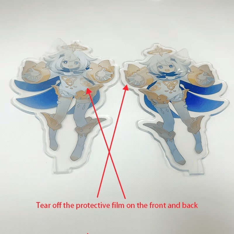 Tear off the protective film on the front and back of the acrylic stand.