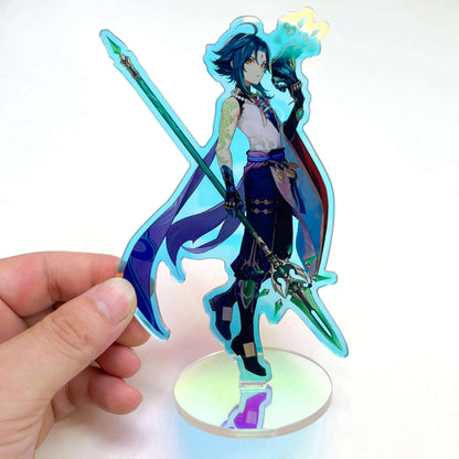 Close-up of a custom anime acrylic holographic rainbow standee