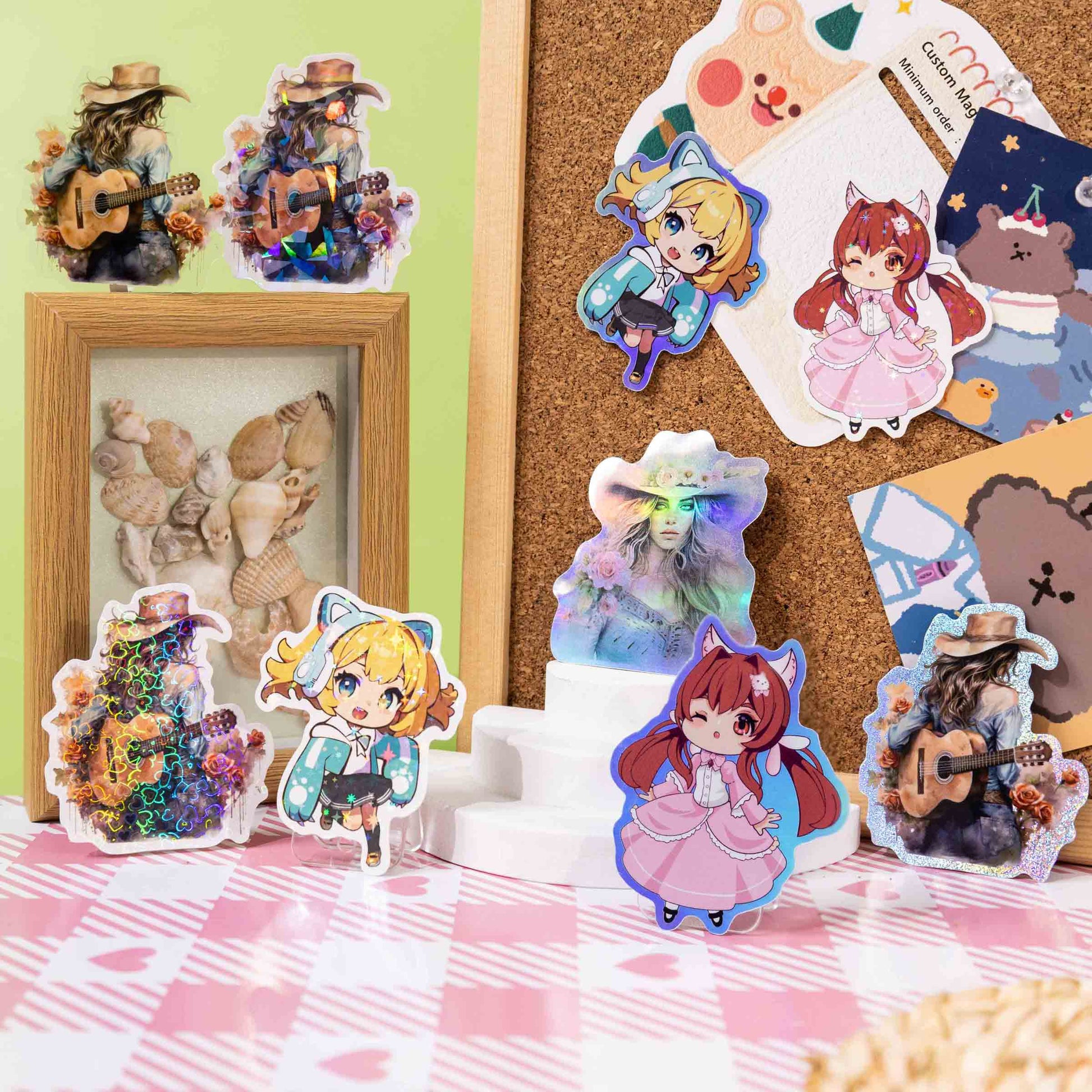 Custom die cut vinyl stickers, anime character and portrait stickers with multiple holographic finishes, waterproof decorative stickers for merchandise.