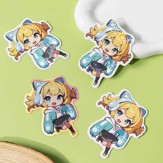 Custom anime character vinyl stickers, gloss, matte and holographic craft comparison, waterproof die cut cartoon stickers.
