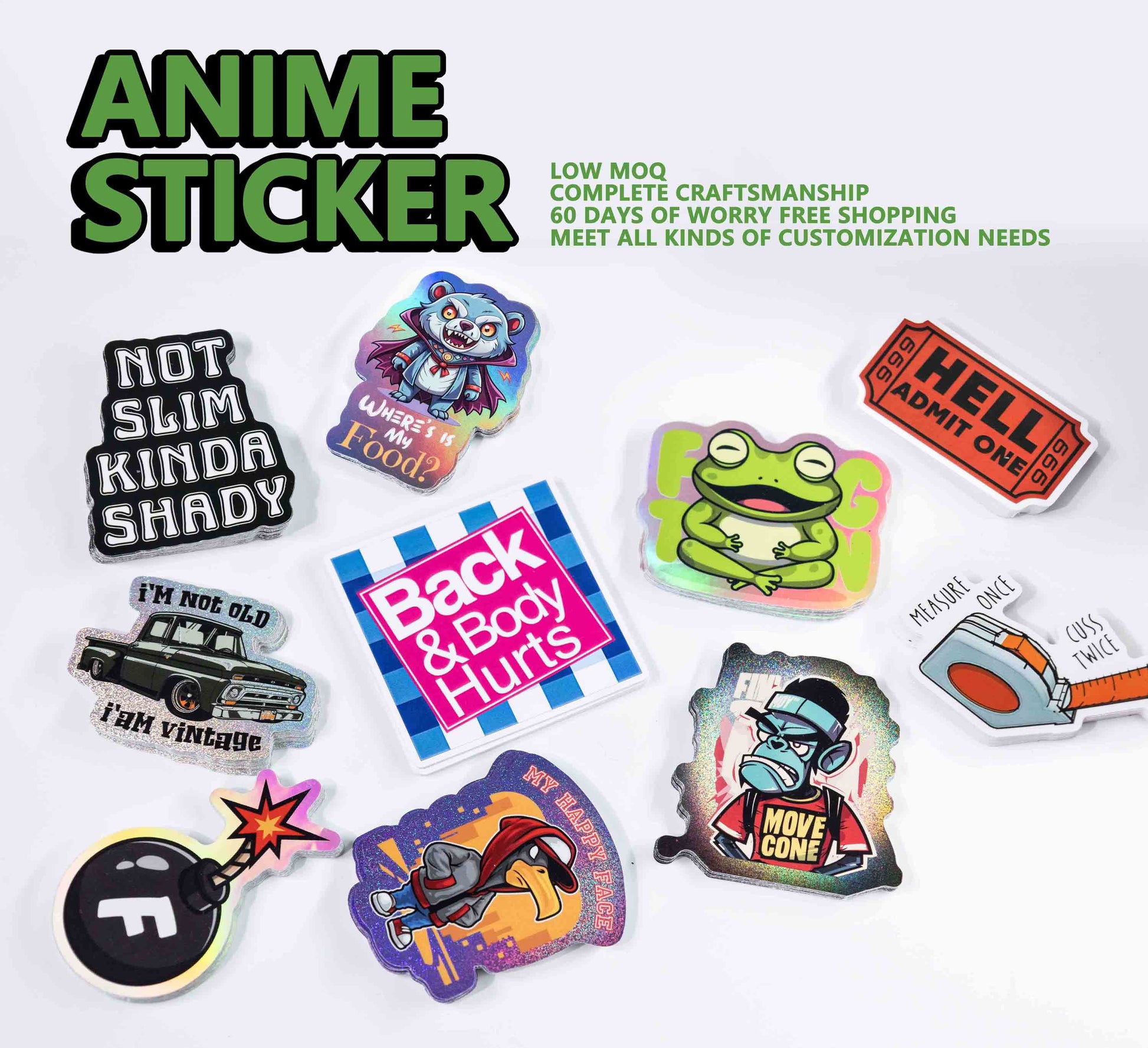 Custom anime die cut vinyl stickers, cartoon graffiti decorative stickers with multiple holographic options, low MOQ custom stickers.