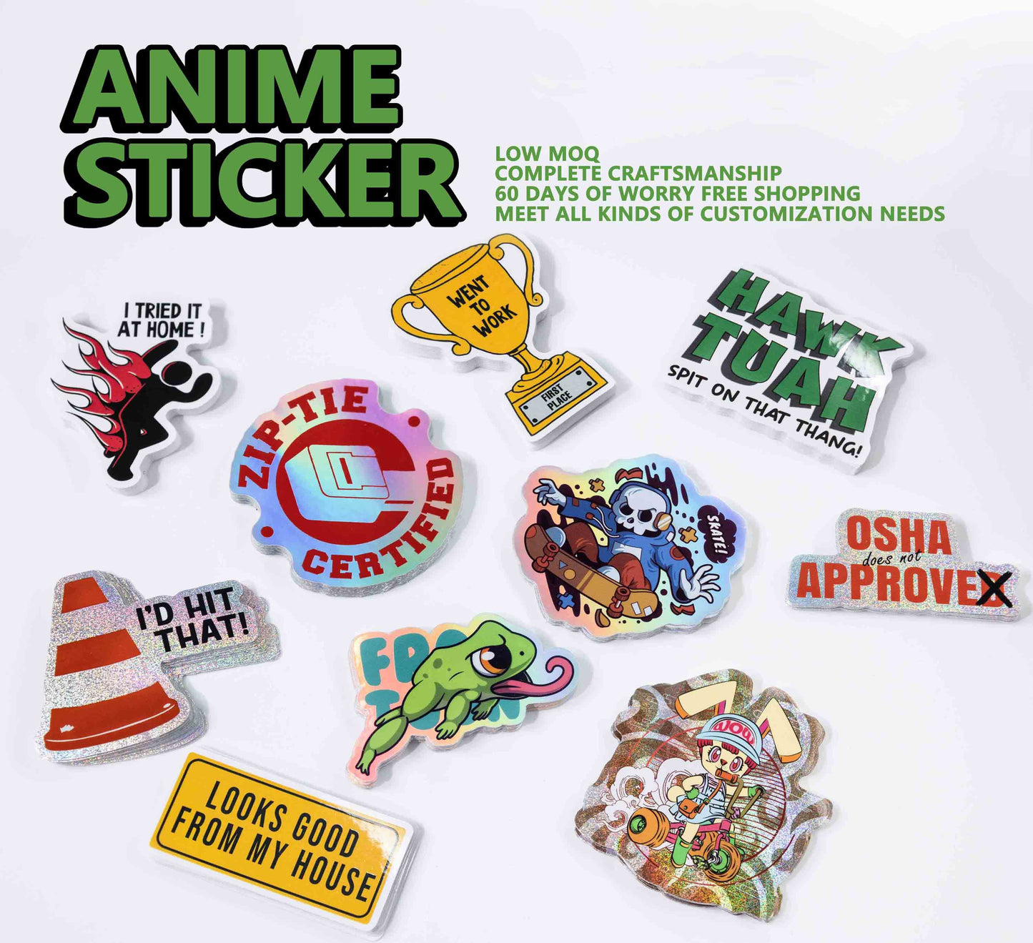 Custom die cut vinyl stickers, funny slogan and cartoon graffiti stickers, multiple holographic finishes, low MOQ custom stickers. 
