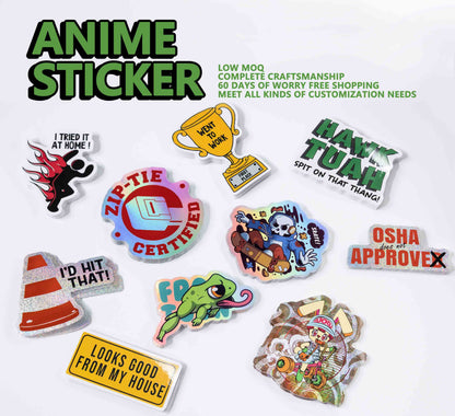 Custom die cut vinyl stickers, funny slogan and cartoon graffiti stickers, multiple holographic finishes, low MOQ custom stickers. 